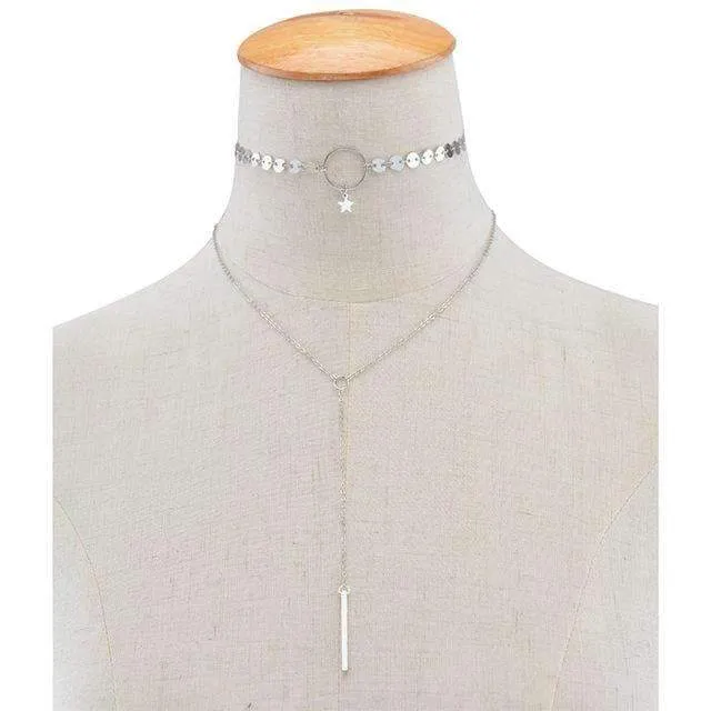 Star Choker Lariat Necklace - Two Layer Adjustable Zinc Alloy Jewelry