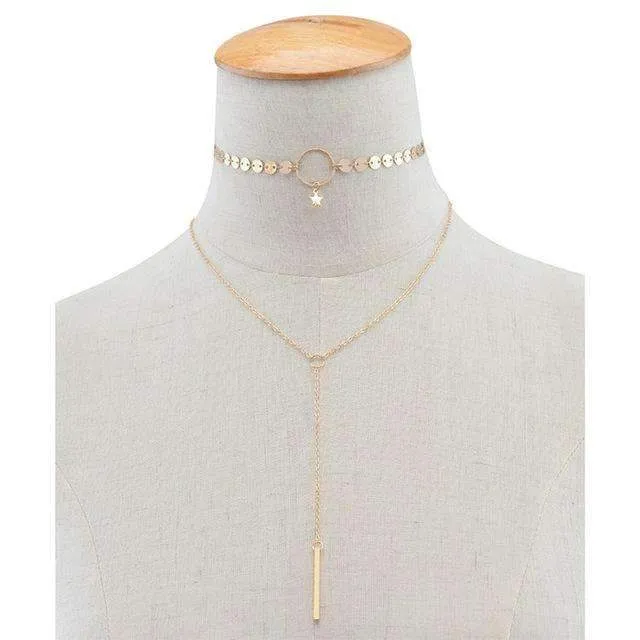Star Choker Lariat Necklace - Two Layer Adjustable Zinc Alloy Jewelry