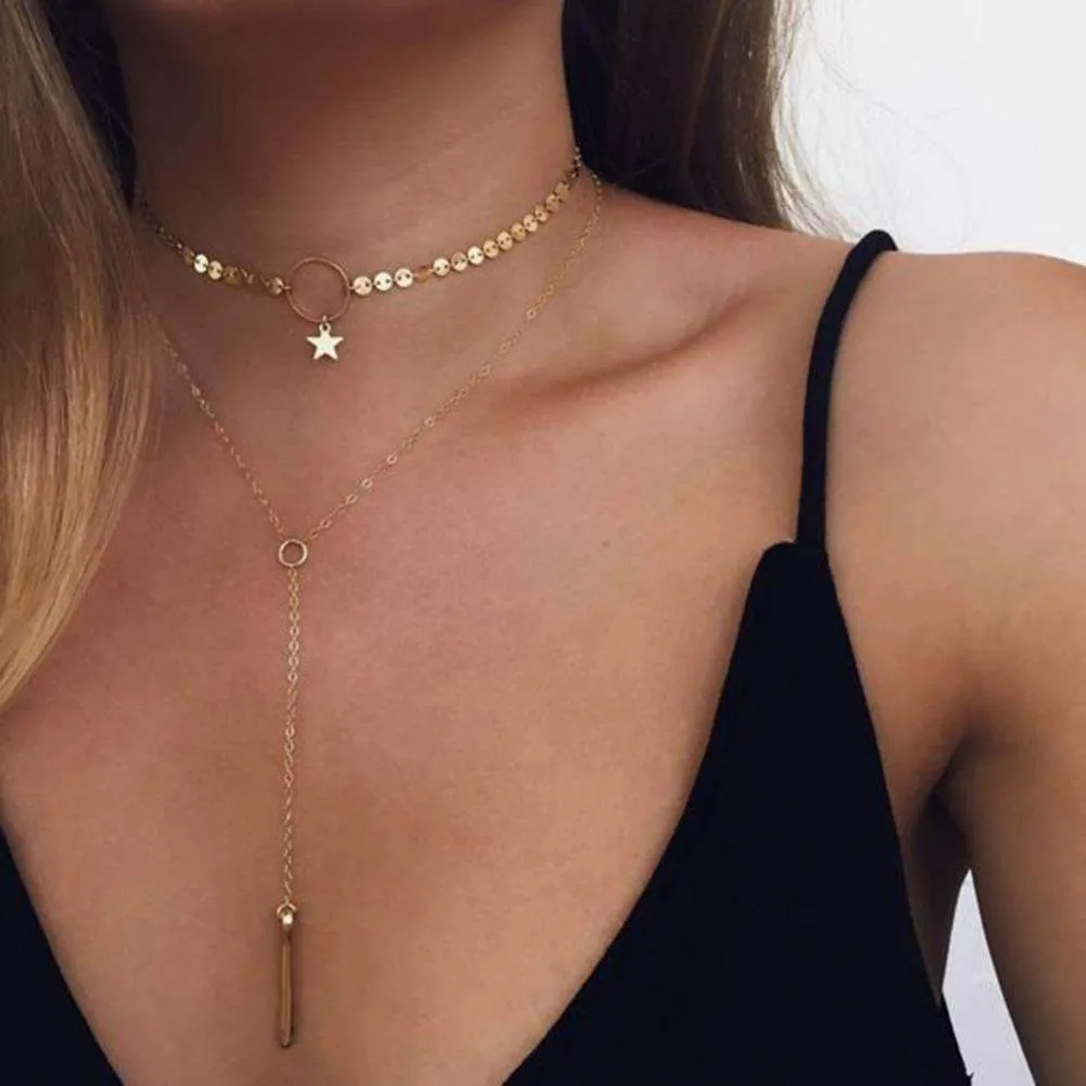 Star Choker Lariat Necklace - Two Layer Adjustable Zinc Alloy Jewelry