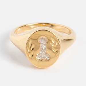 Statement Signet Ring with a F U Diamond and Hand Engraving
