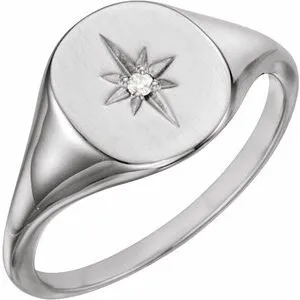 Sterling Silver .02 CTW Diamond 11x10 Oval Starburst Signet Ring