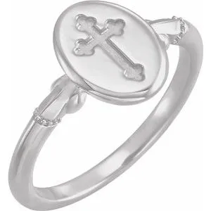 Sterling Silver 11.5x8.8 mm Oval Cross Signet Ring