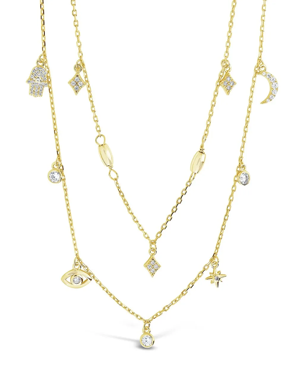 Sterling Silver CZ Evil Eye & Hamsa Layered Charm Necklace