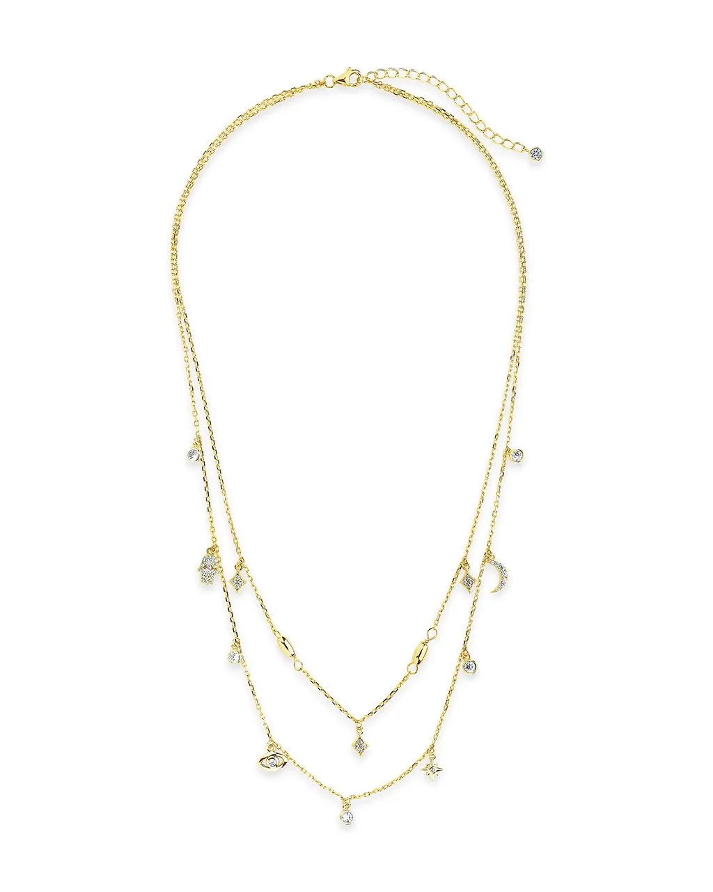 Sterling Silver CZ Evil Eye & Hamsa Layered Charm Necklace