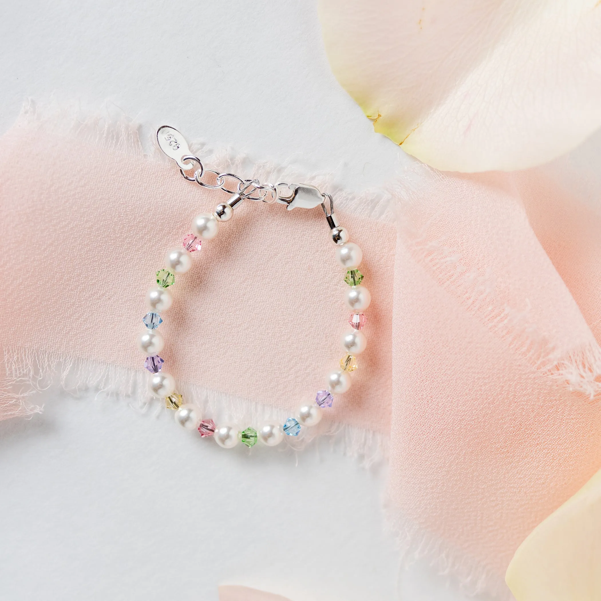 Sterling Silver Multi-Color Crystal and Simulated Pearl Bracelet for Infant Girls, Toddlers and Kids