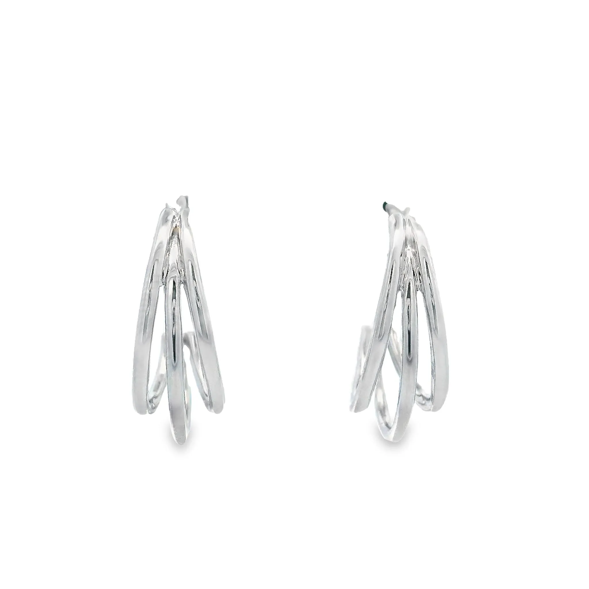 Sterling Silver Rhodium Plated Triple Open Band Half Hoop Stud Earrings