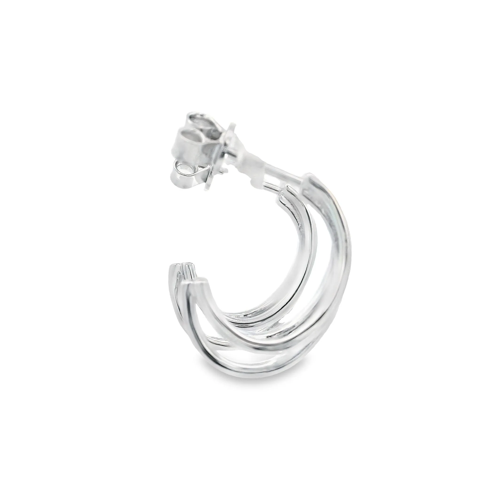 Sterling Silver Rhodium Plated Triple Open Band Half Hoop Stud Earrings