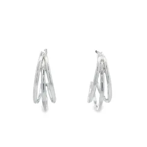 Sterling Silver Rhodium Plated Triple Open Band Half Hoop Stud Earrings