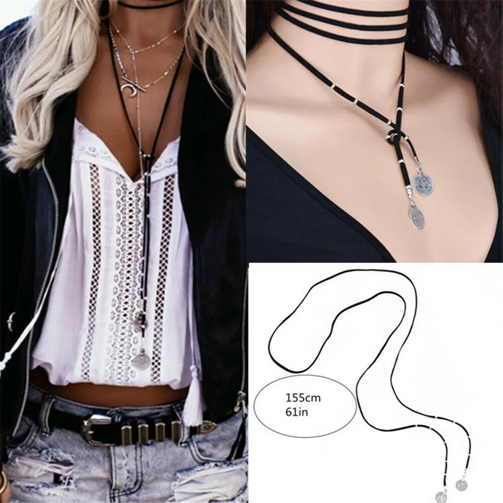 Suede Velvet Lariat Necklace With Silver Beads Choose Black White Or Brown Double Choker Plus Long Statement Necklace - All In One - With Silver Gypsy Coins Great For Stacking Necklaces!