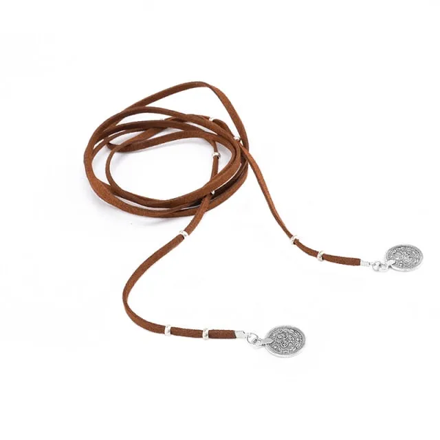 Suede Velvet Lariat Necklace With Silver Beads Choose Black White Or Brown Double Choker Plus Long Statement Necklace - All In One - With Silver Gypsy Coins Great For Stacking Necklaces!