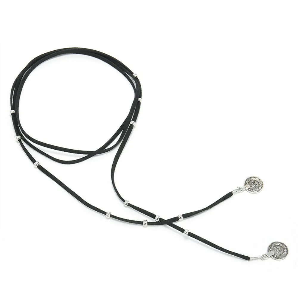 Suede Velvet Lariat Necklace With Silver Beads Choose Black White Or Brown Double Choker Plus Long Statement Necklace - All In One - With Silver Gypsy Coins Great For Stacking Necklaces!