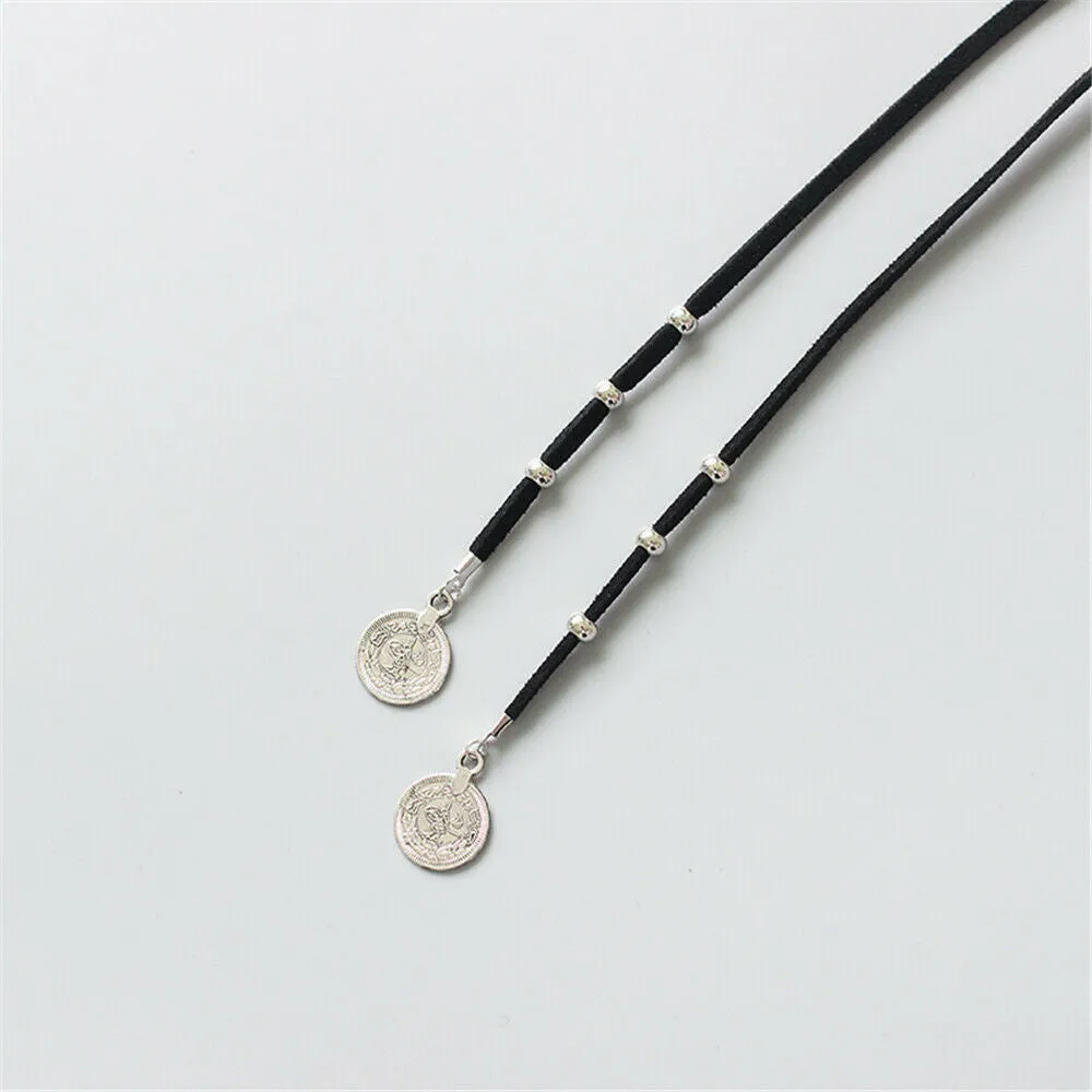 Suede Velvet Lariat Necklace With Silver Beads Choose Black White Or Brown Double Choker Plus Long Statement Necklace - All In One - With Silver Gypsy Coins Great For Stacking Necklaces!
