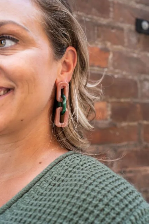 Tabitha Earrings - Vintage Rose & Forest Green Chain-Link