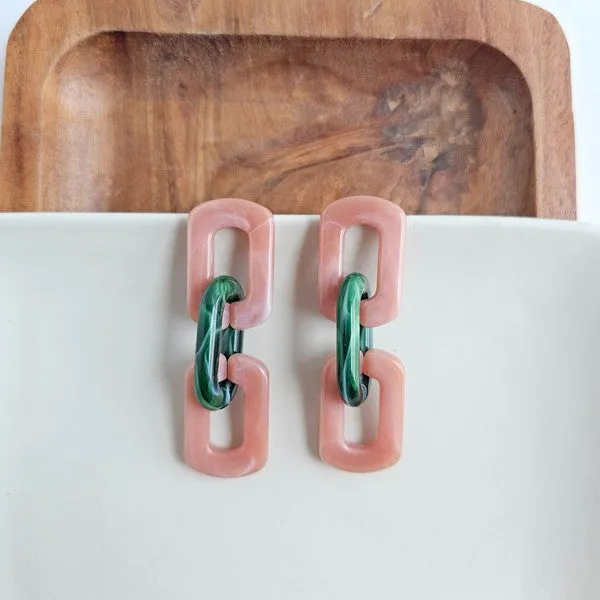 Tabitha Earrings - Vintage Rose & Forest Green Chain-Link