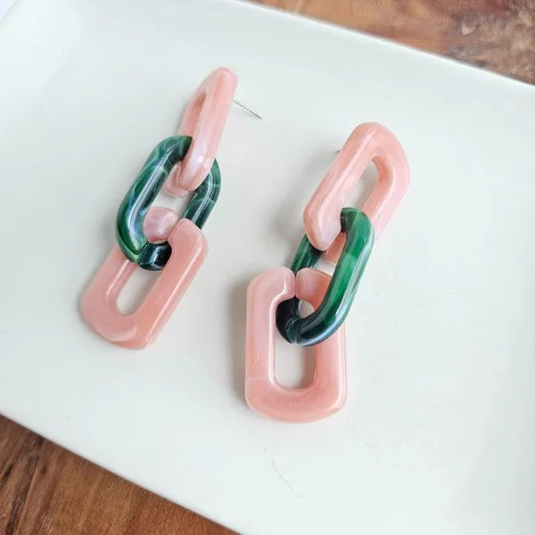 Tabitha Earrings - Vintage Rose & Forest Green Chain-Link
