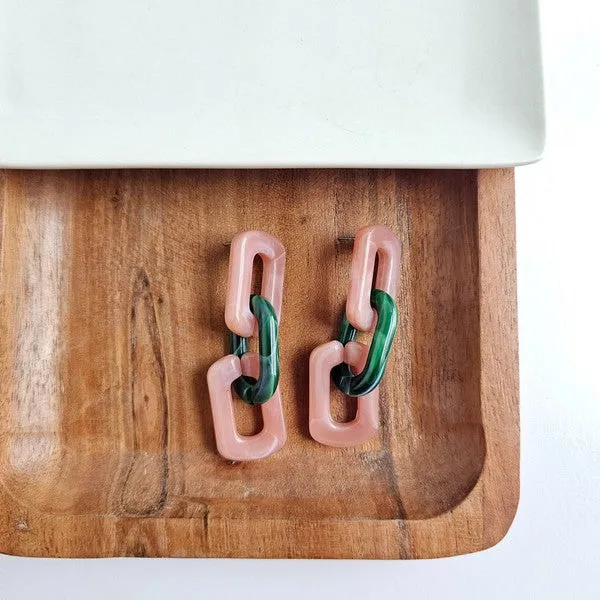 Tabitha Earrings - Vintage Rose & Forest Green Chain-Link