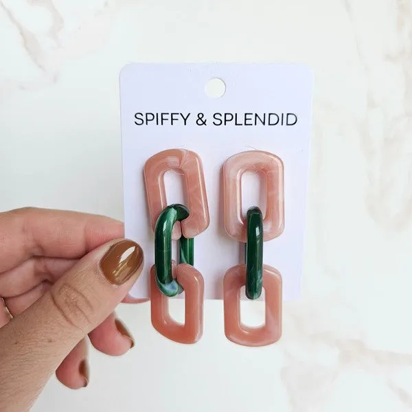 Tabitha Earrings - Vintage Rose & Forest Green Chain-Link