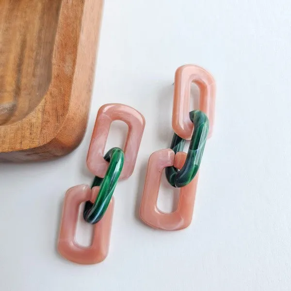 Tabitha Earrings - Vintage Rose & Forest Green Chain-Link