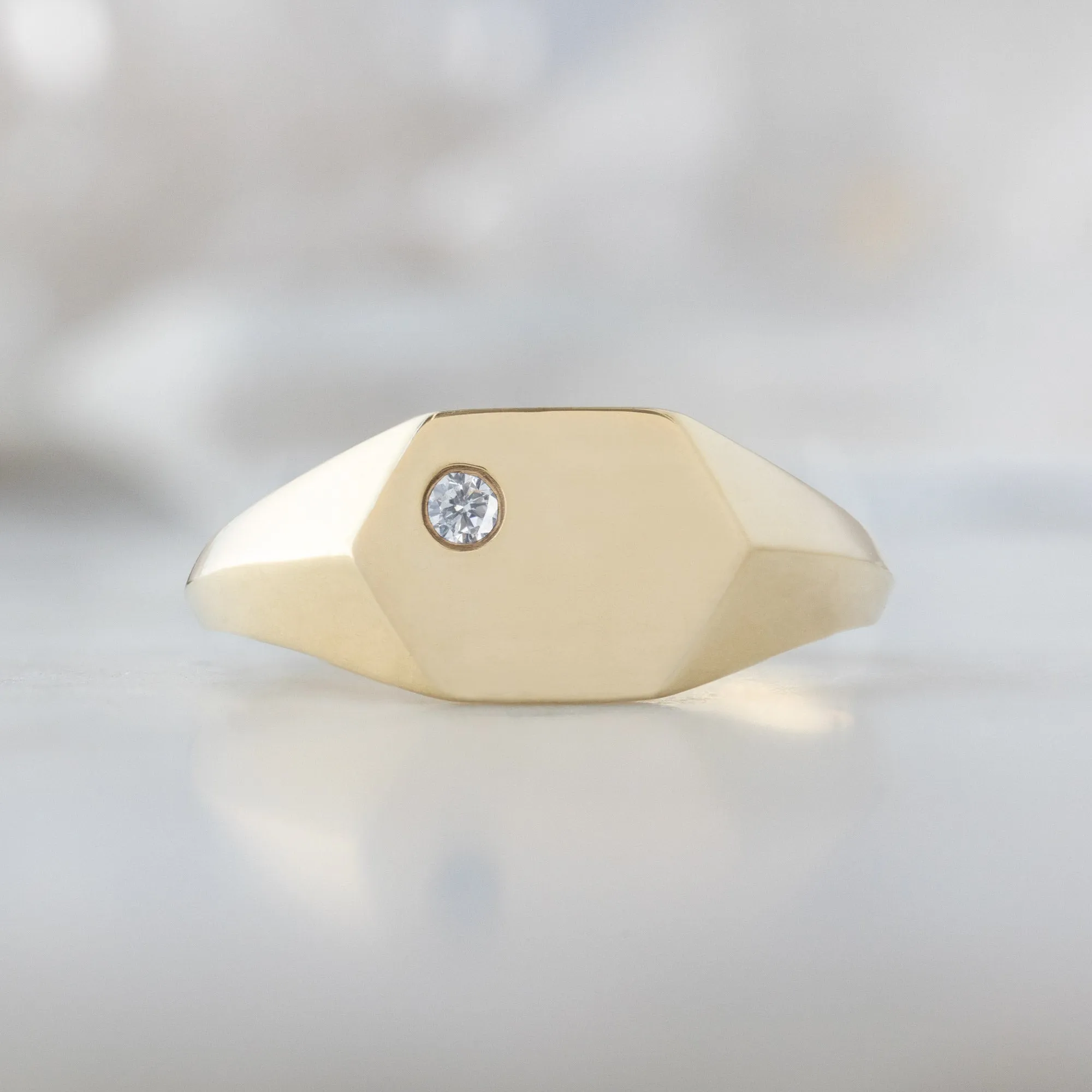 The Hexagon White Diamond Signet Ring | 14K Yellow Gold