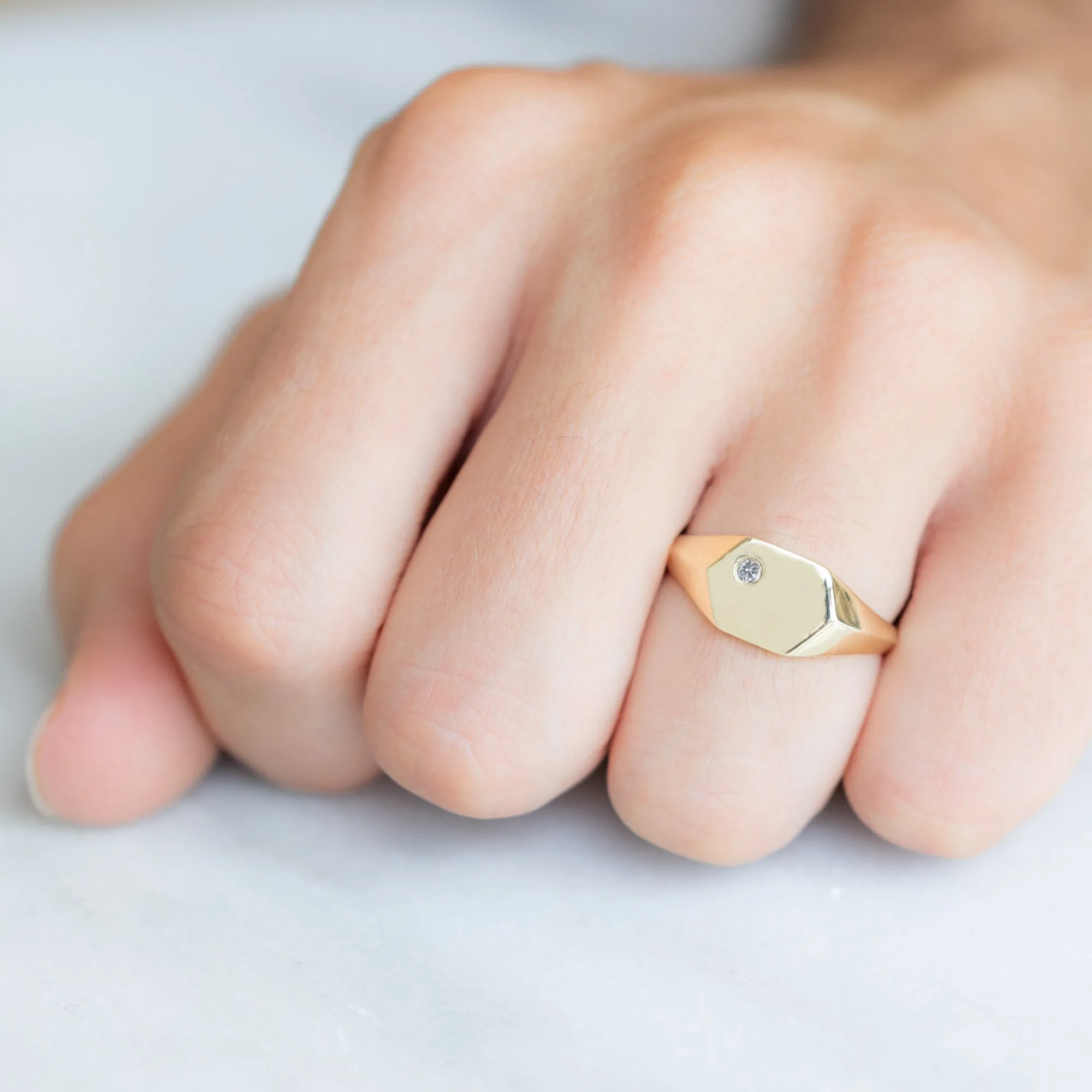 The Hexagon White Diamond Signet Ring | 14K Yellow Gold