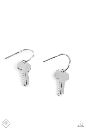 The Key to Everything - Silver - Key Charm Paparazzi Drop Hoop Earrings - January 2024 Magnificent Musings