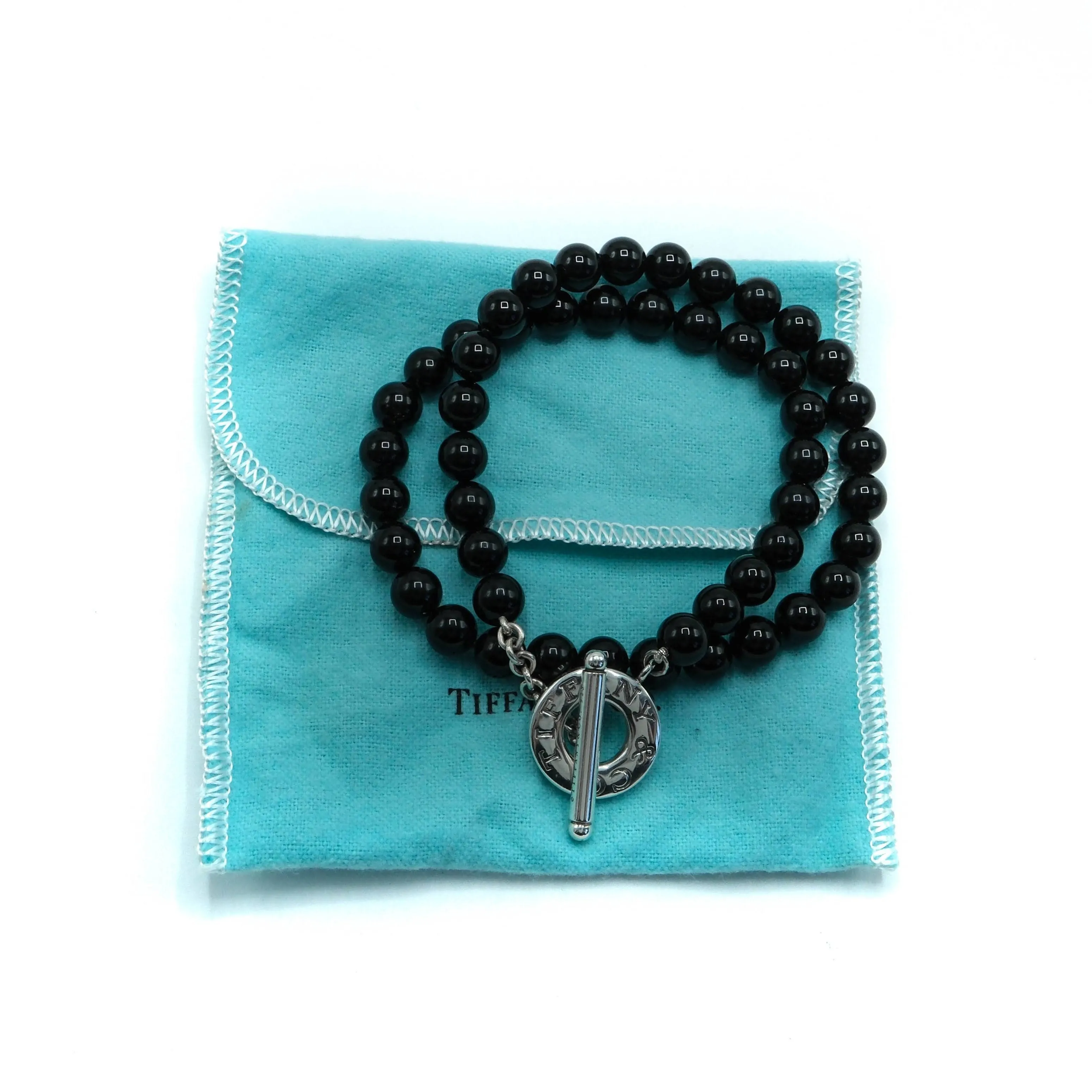 Tiffany & Co Black Onyx Bead Toggle Sterling Silver Choker Necklace - 16"