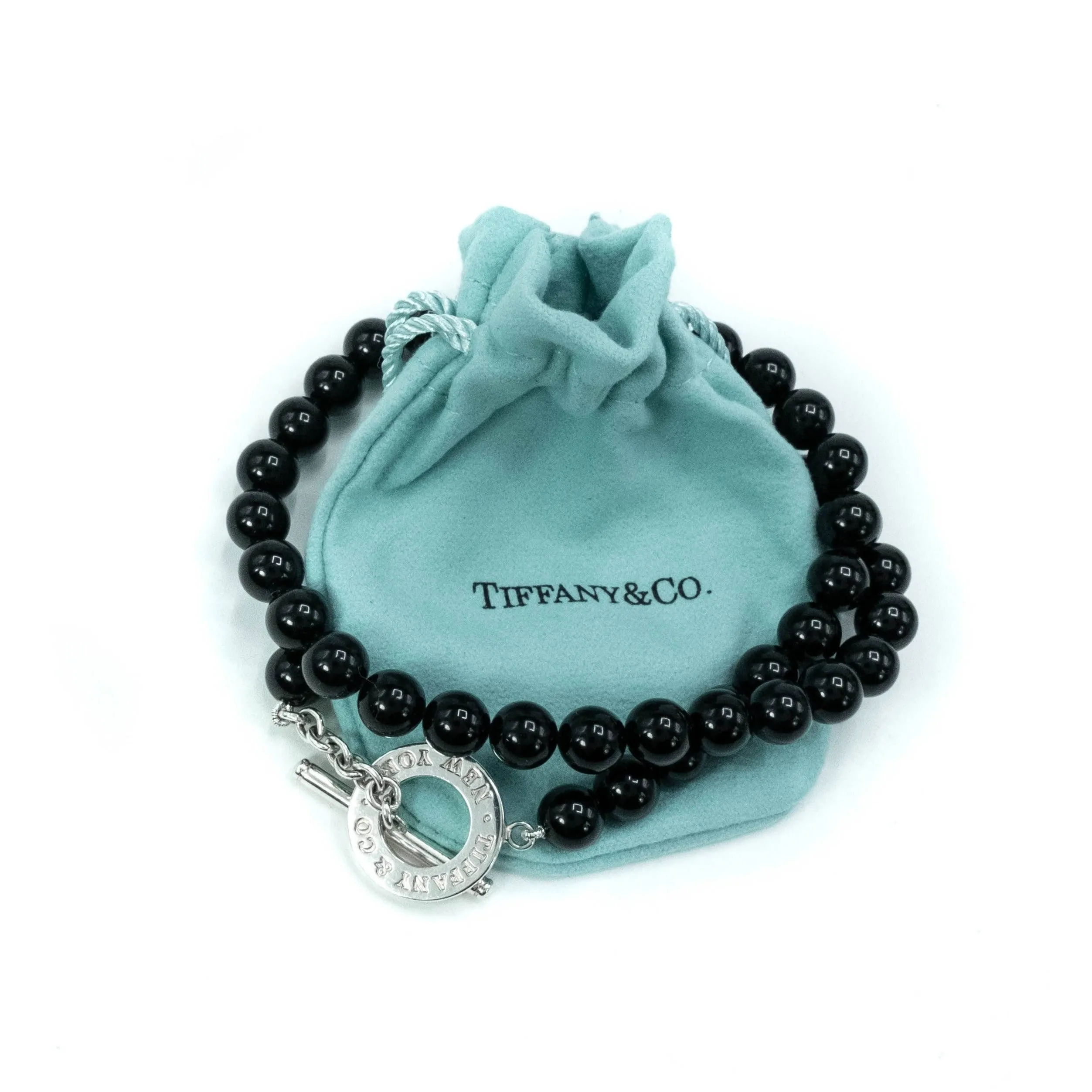Tiffany & Co Black Onyx Bead Toggle Sterling Silver Choker Necklace - 16"