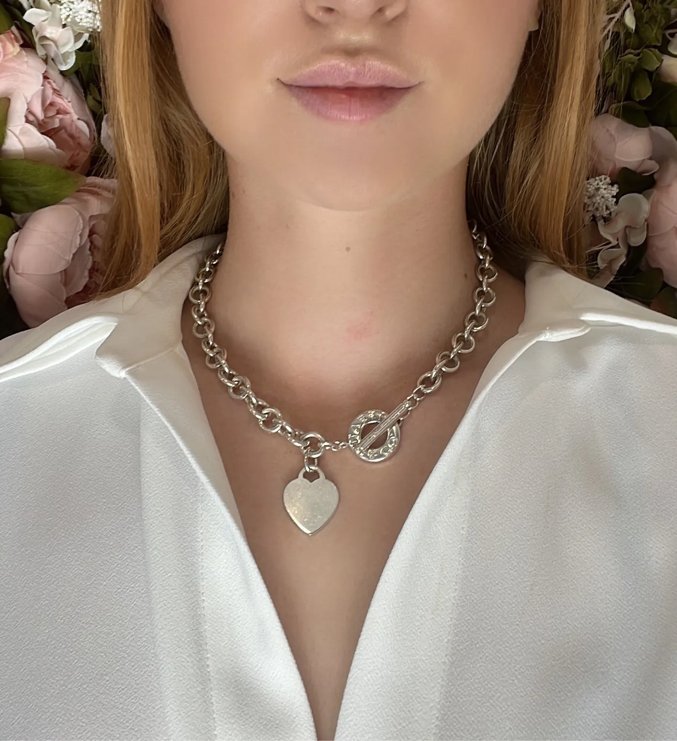 Tiffany & Co Plain Heart Tag Sterling Silver Pendant Toggle Choker Necklace - 15"