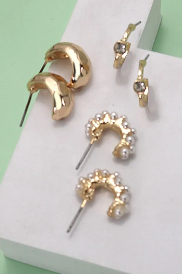 TRIO PEARL DIAMOND CUT HUGGIE HOOP EARRINGS | 80E3935