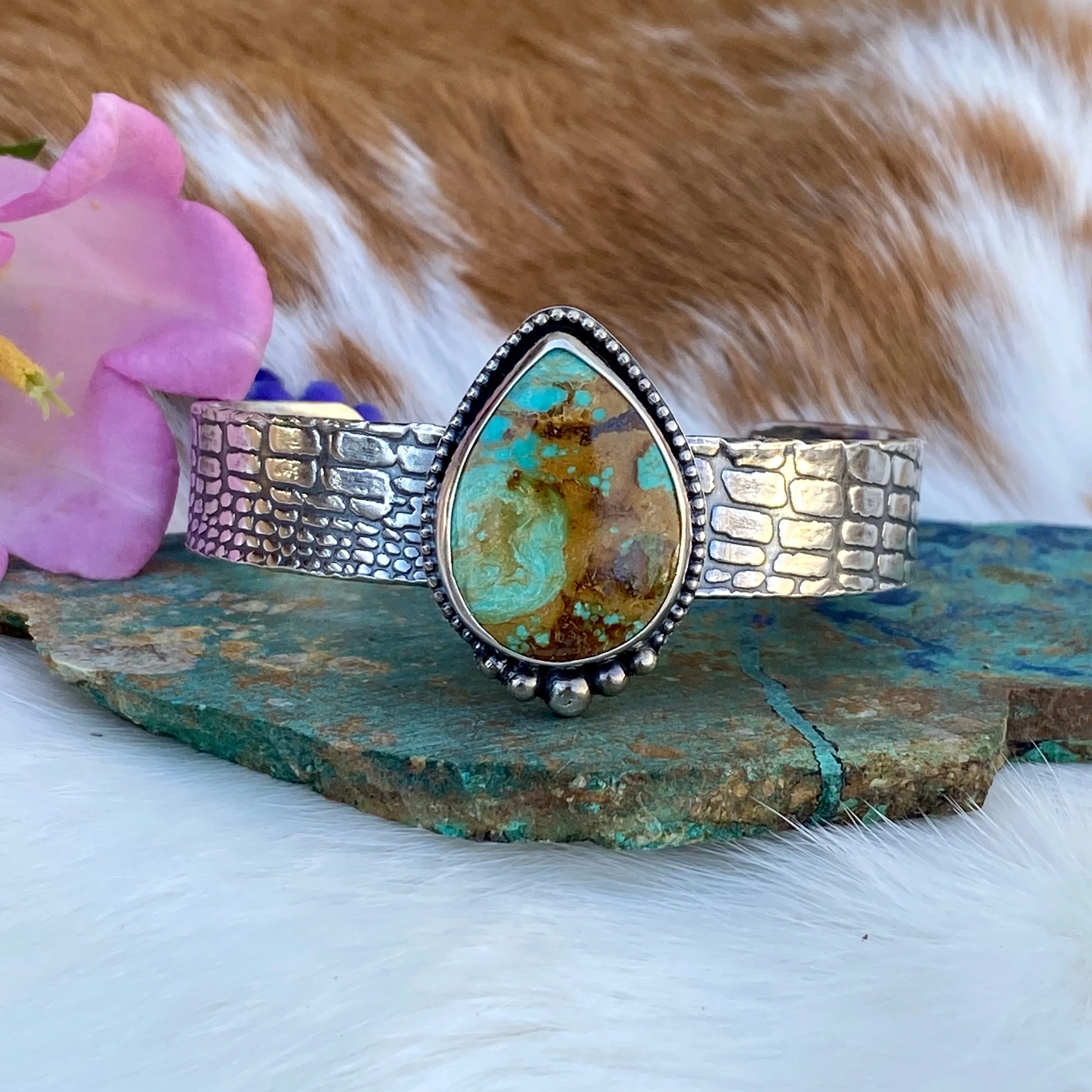Turquoise Teardrop & Snakeskin cuff
