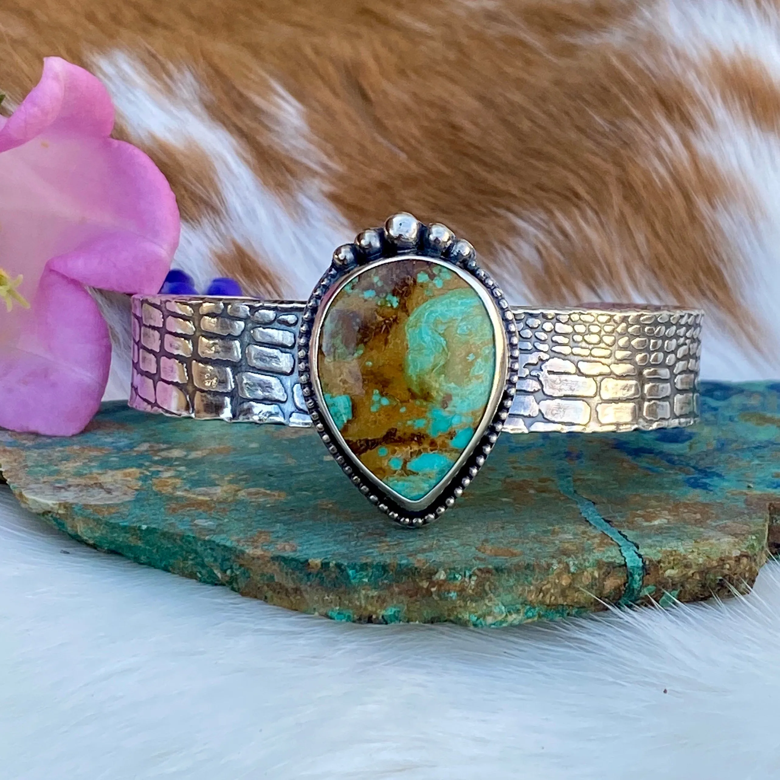 Turquoise Teardrop & Snakeskin cuff