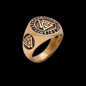 Valknut Signet Runic Polished Bronze Ring