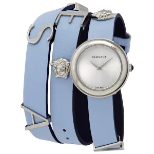 Versace Quartz Silver Dial Light Blue Leather Ladies Watch VEBN00118