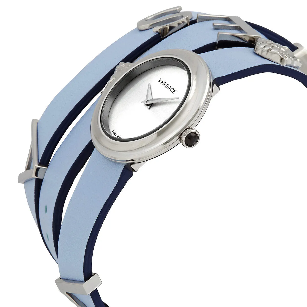 Versace Quartz Silver Dial Light Blue Leather Ladies Watch VEBN00118