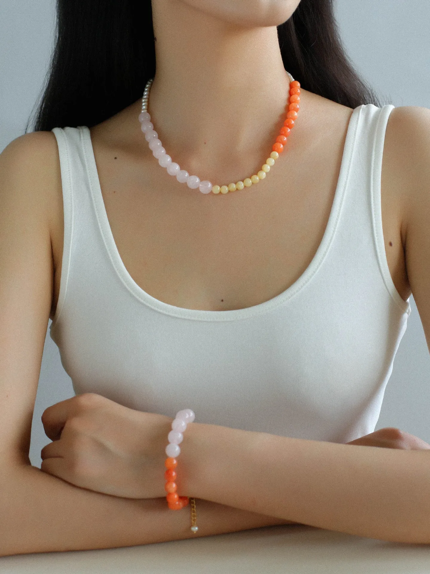 Vibrant Multicolored Gemstone Beaded Bracelet-Orange Pink Bracelet