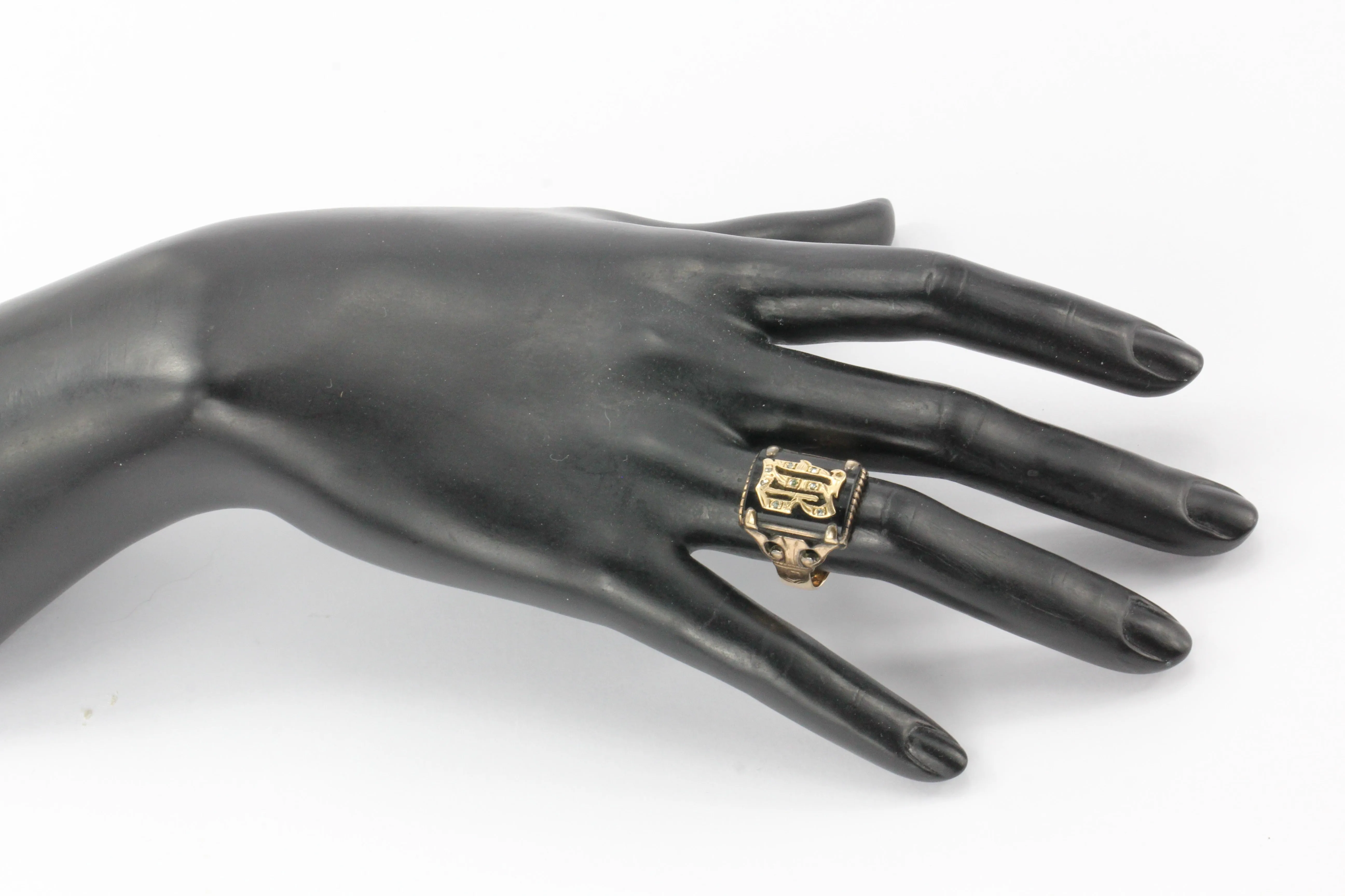 Victorian 14K Rose Gold Letter B Onyx Signet Ring c.1885