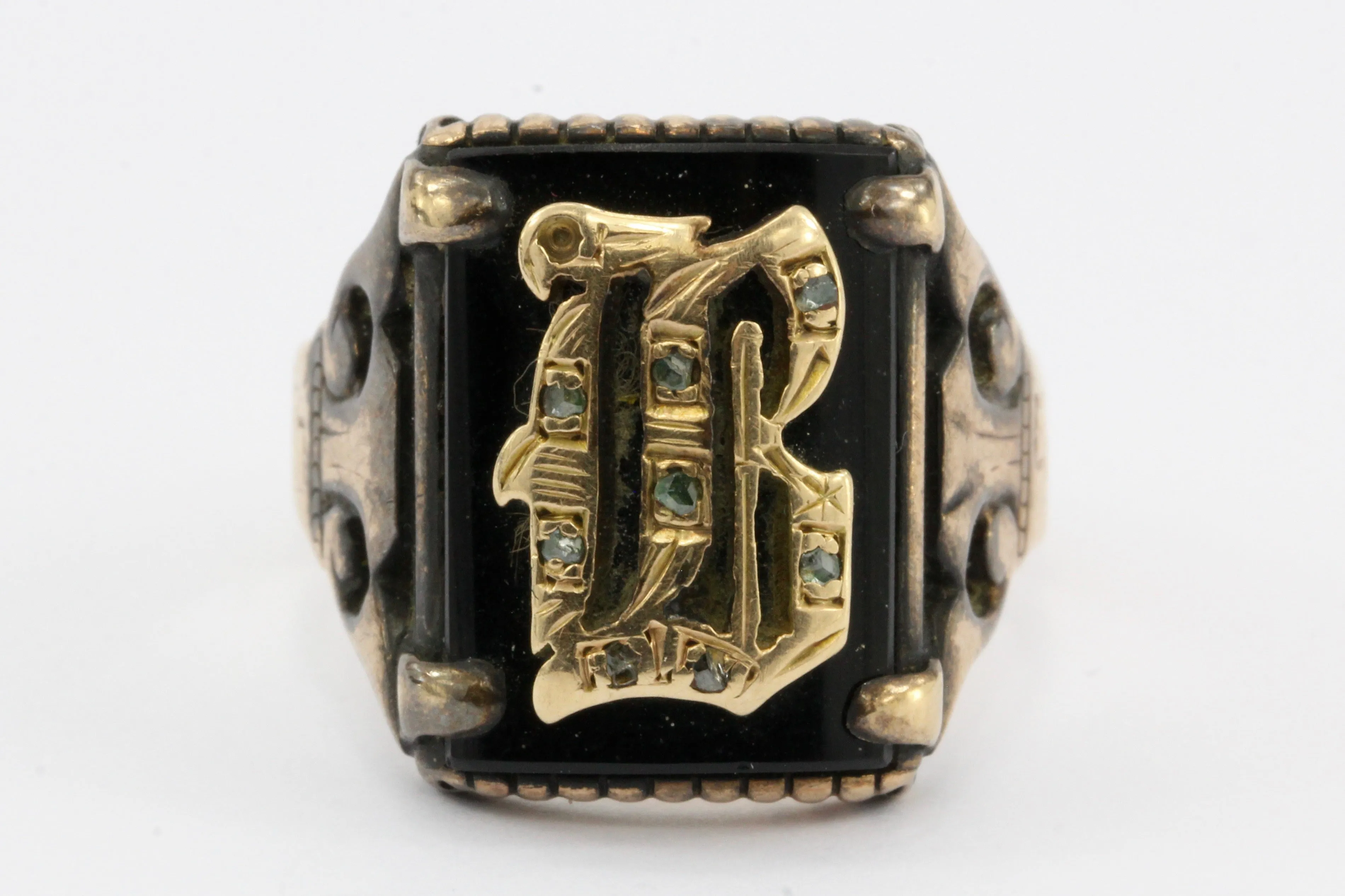 Victorian 14K Rose Gold Letter B Onyx Signet Ring c.1885
