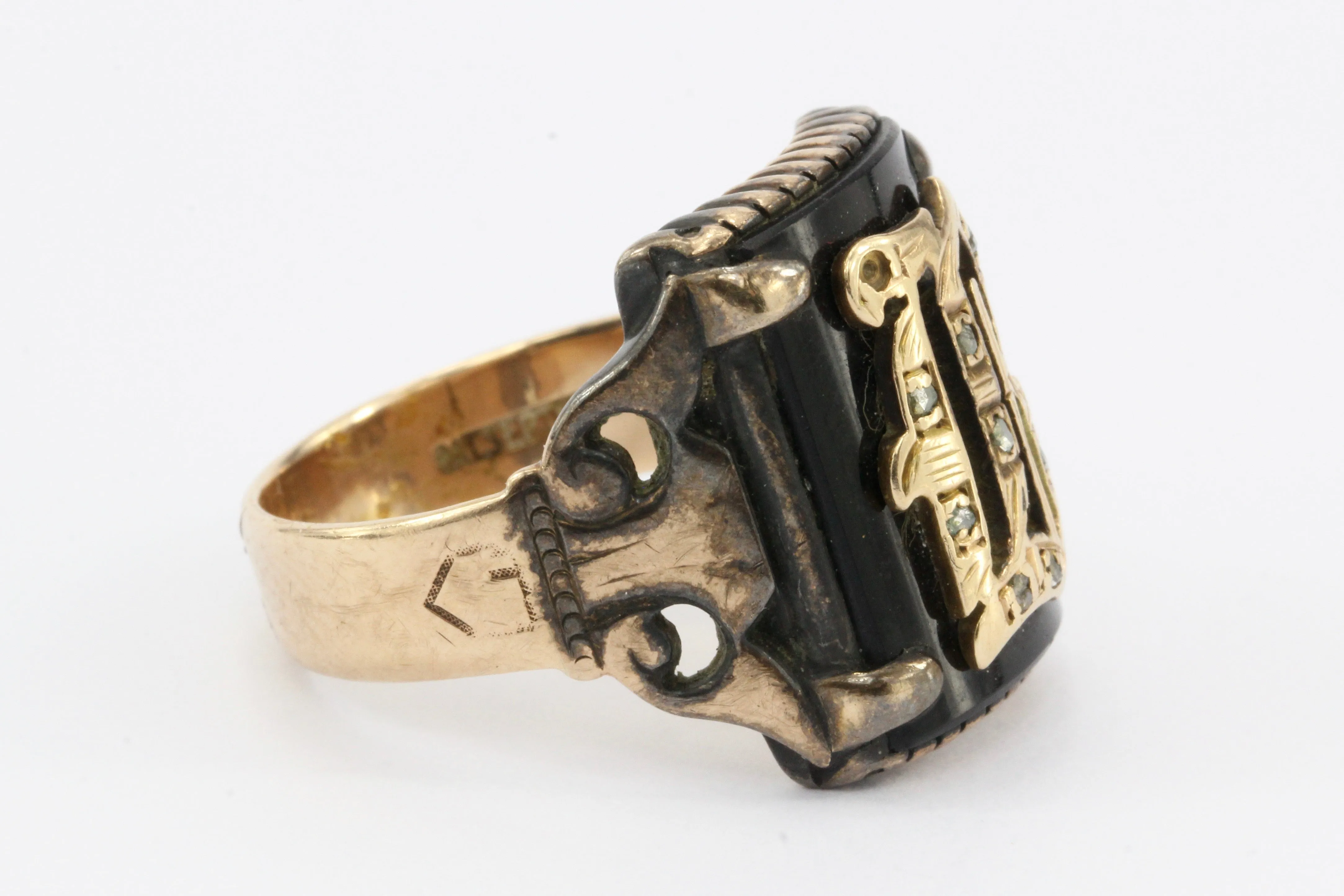 Victorian 14K Rose Gold Letter B Onyx Signet Ring c.1885