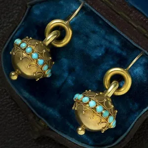 Victorian Etruscan Revival Turquoise Gold Earrings