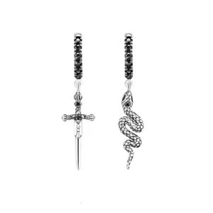 Vintage Black Diamonds Sword and Snake Hoop Earrings