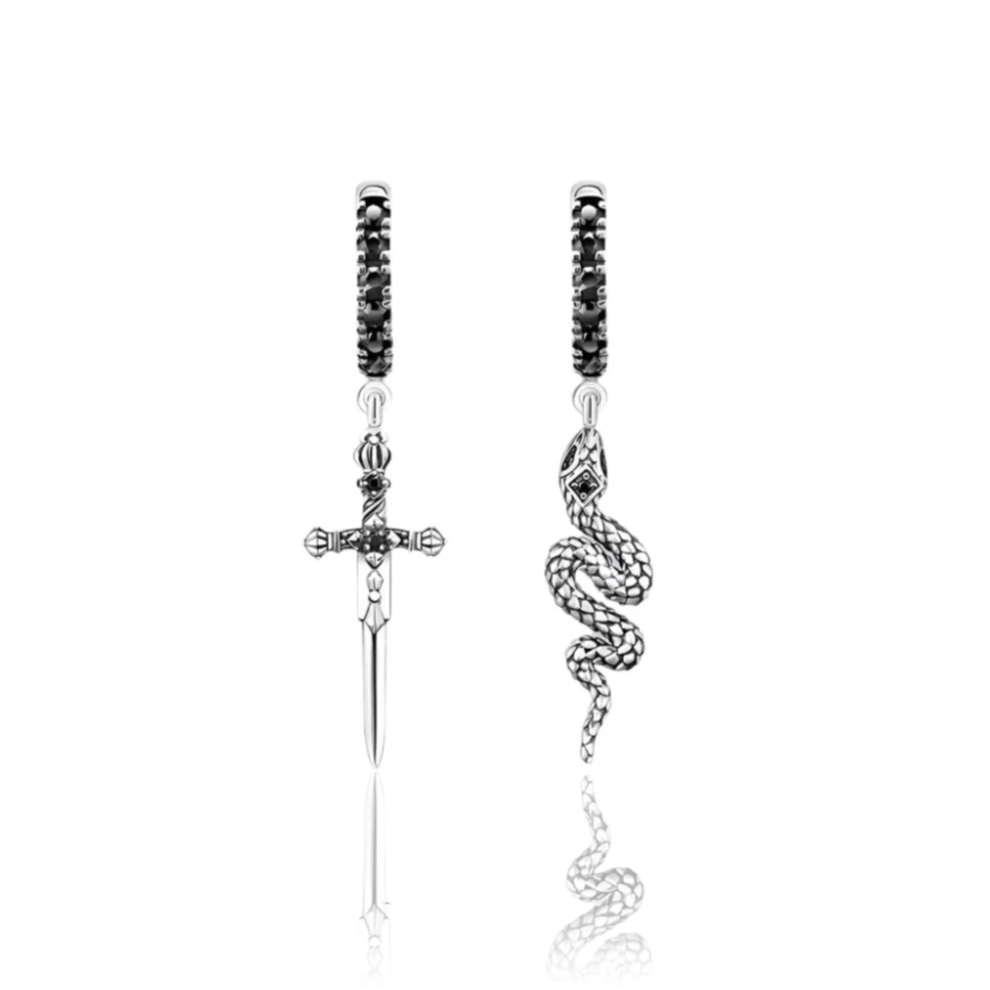 Vintage Black Diamonds Sword and Snake Hoop Earrings