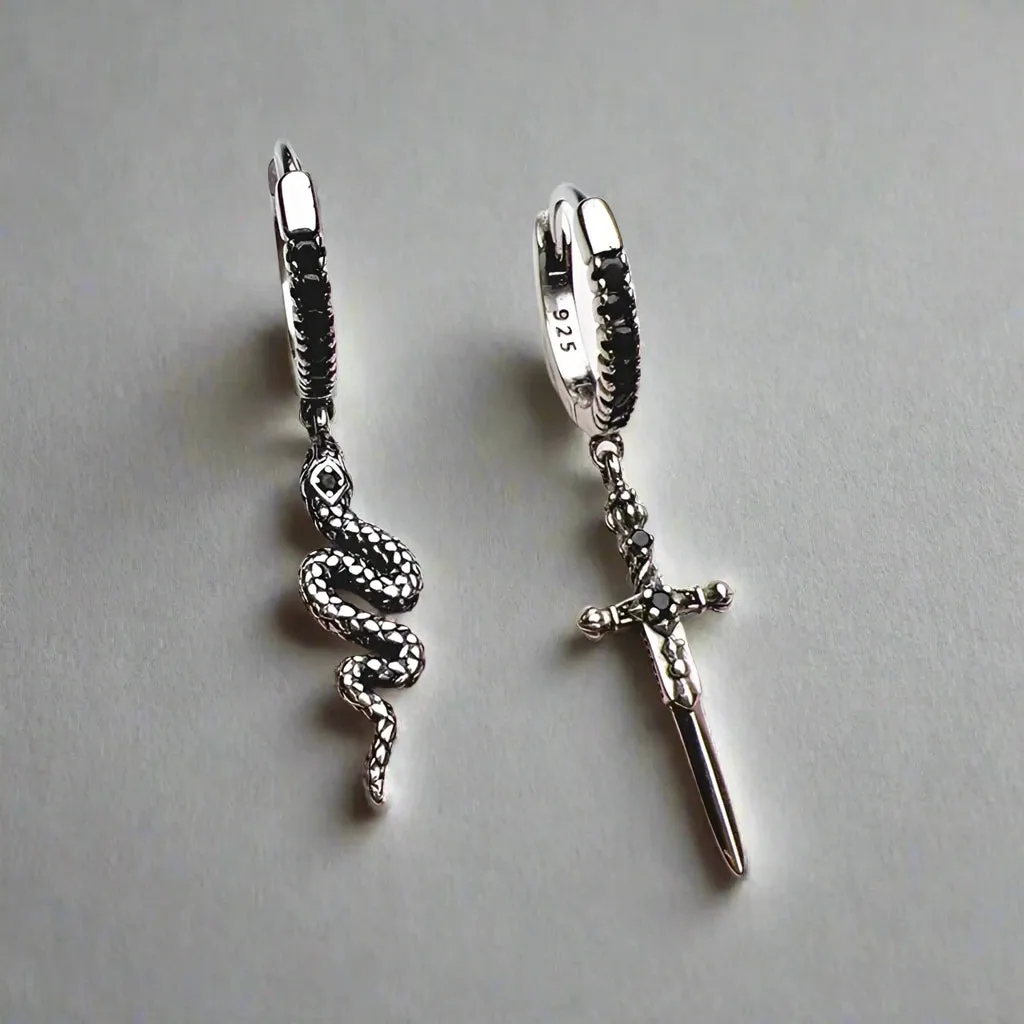 Vintage Black Diamonds Sword and Snake Hoop Earrings