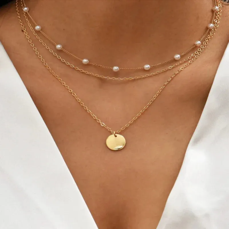 Vintage Double Round Charm Layered Necklace Women's Jewelry Layered Accessories for Girls Gifts Bohemian Fashion Pendant