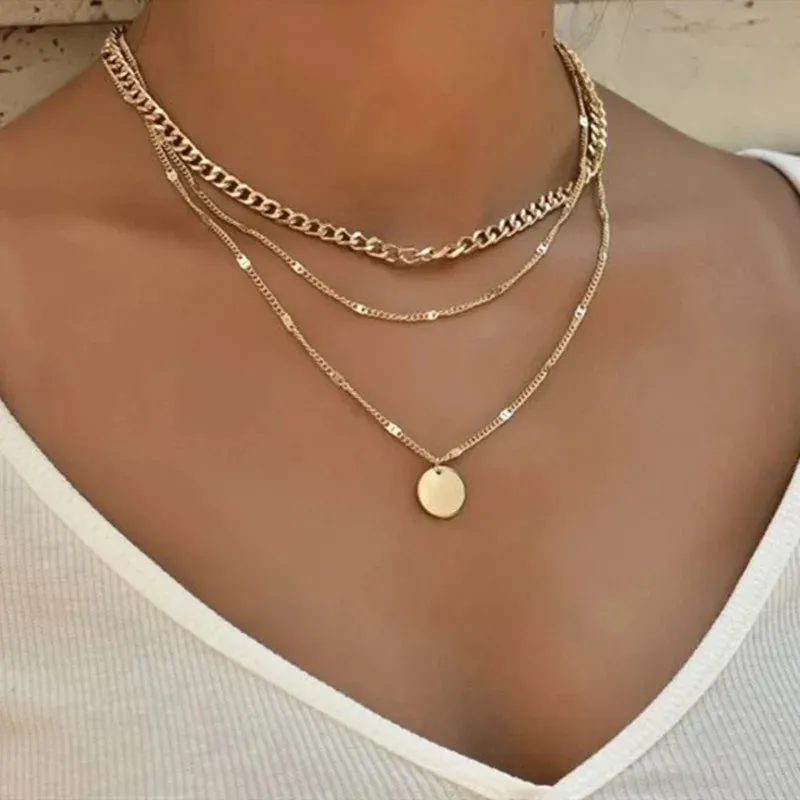 Vintage Double Round Charm Layered Necklace Women's Jewelry Layered Accessories for Girls Gifts Bohemian Fashion Pendant
