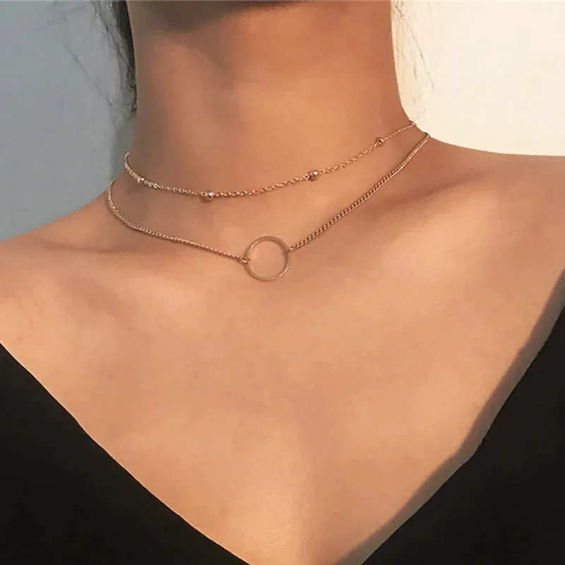 Vintage Double Round Charm Layered Necklace Women's Jewelry Layered Accessories for Girls Gifts Bohemian Fashion Pendant