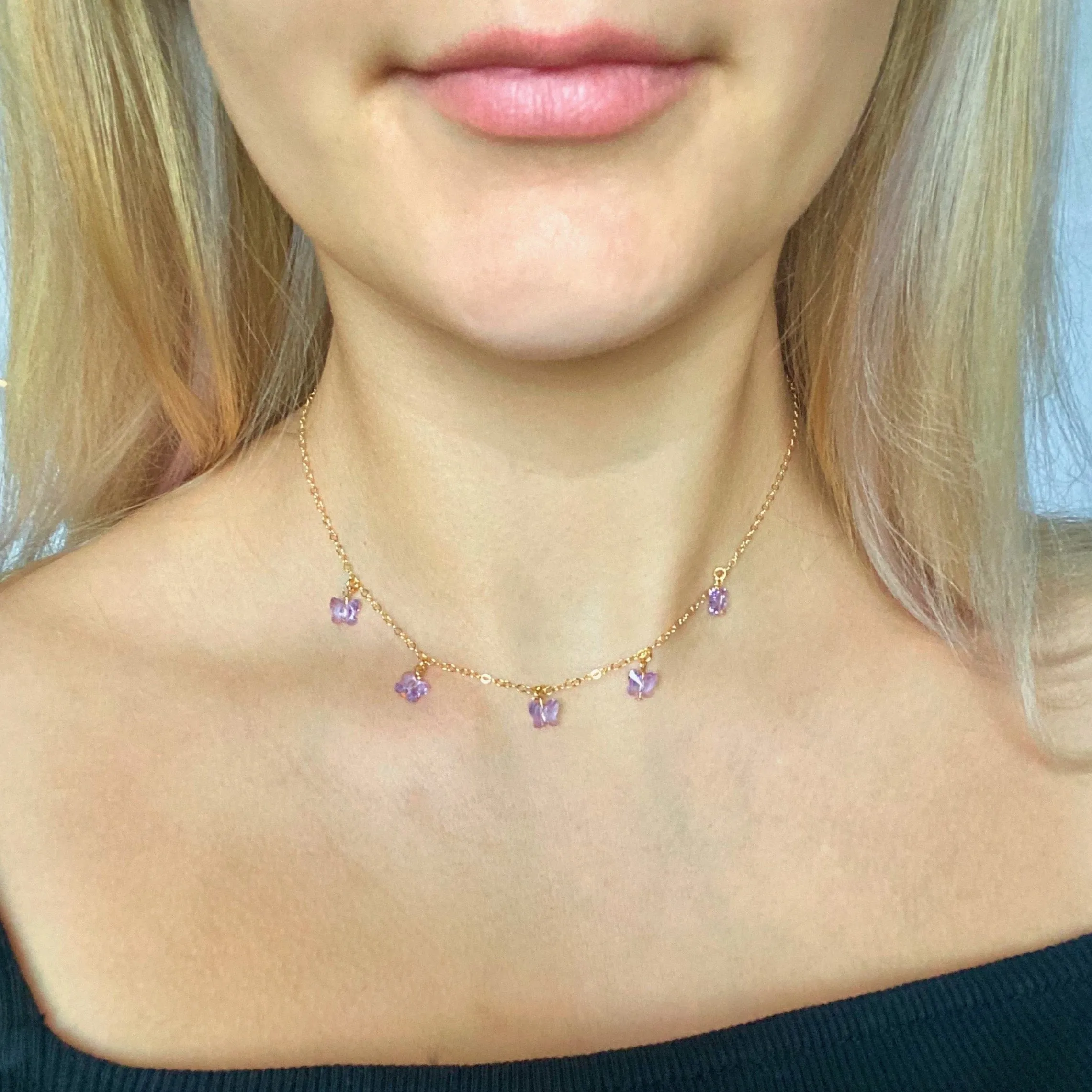 Violet Crystal Butterfly Choker 14K Gold Necklace