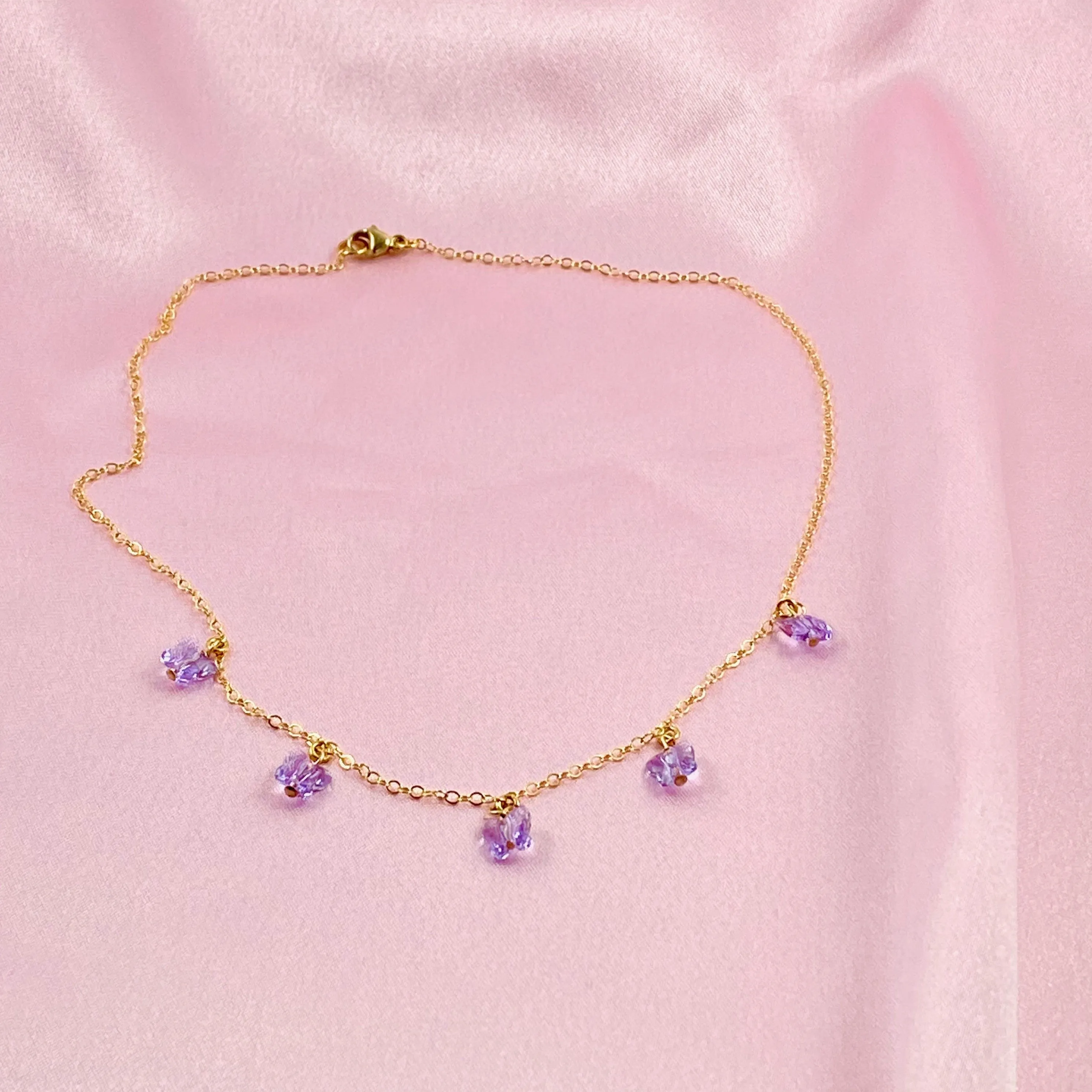 Violet Crystal Butterfly Choker 14K Gold Necklace