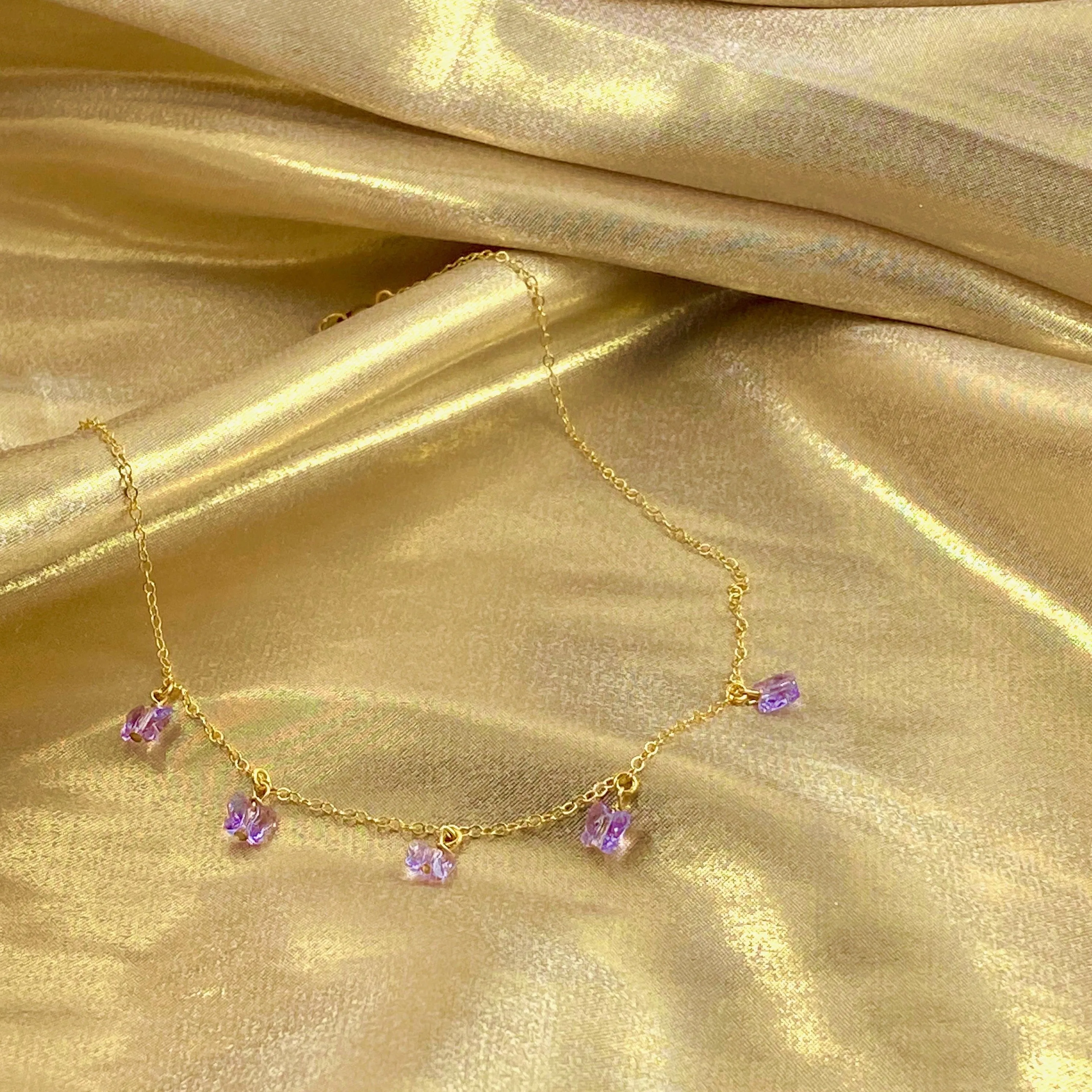Violet Crystal Butterfly Choker 14K Gold Necklace