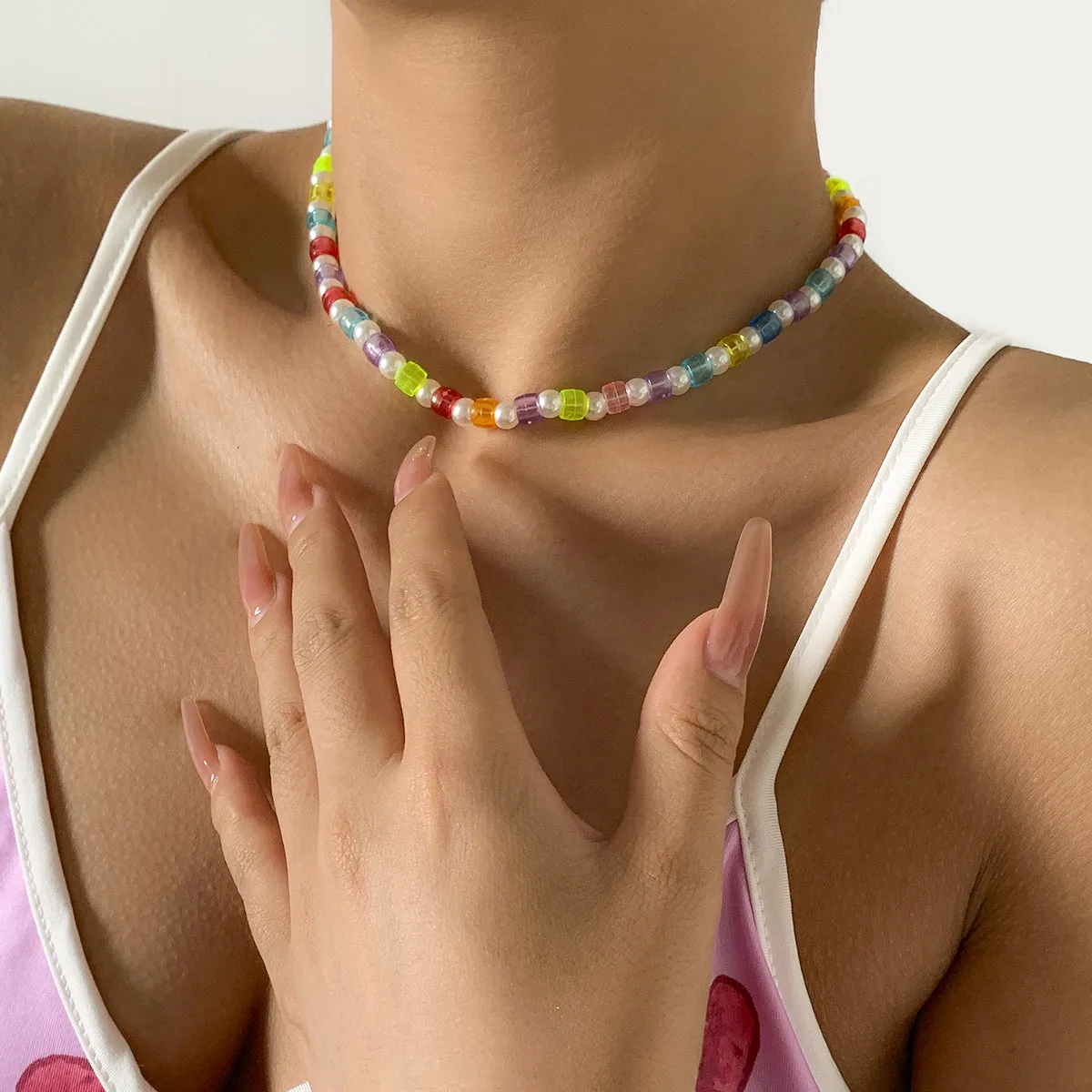White Pearl & Multicolor Acrylic 18K Gold-Plated Choker