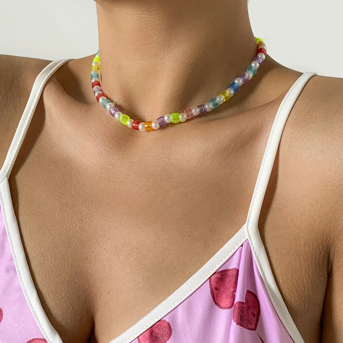 White Pearl & Multicolor Acrylic 18K Gold-Plated Choker